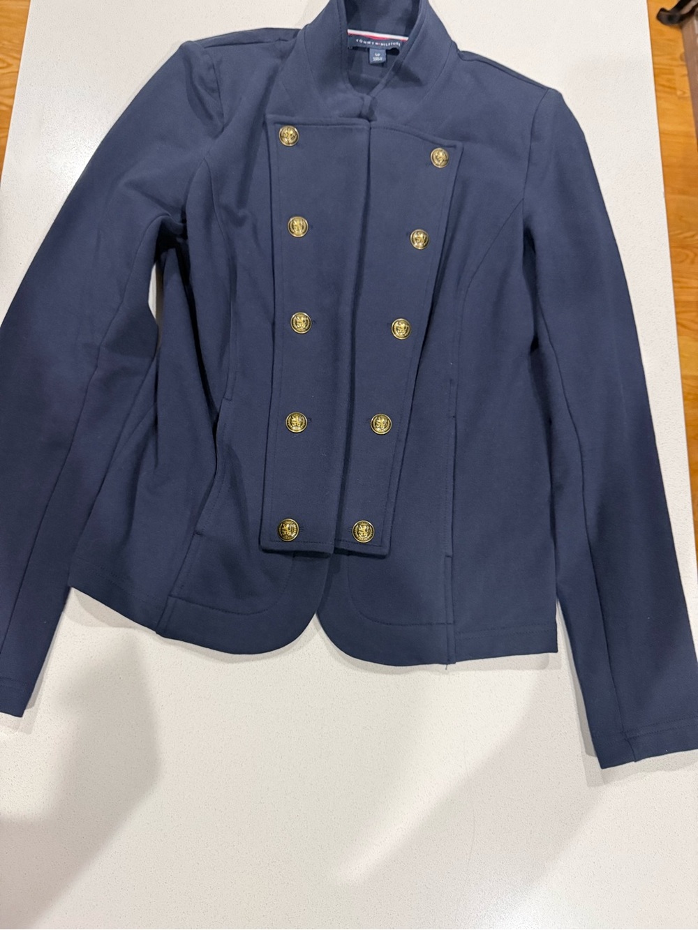 Tommy Hilfiger Navy Double-Breasted Military-Style Blazer with Gold Buttons